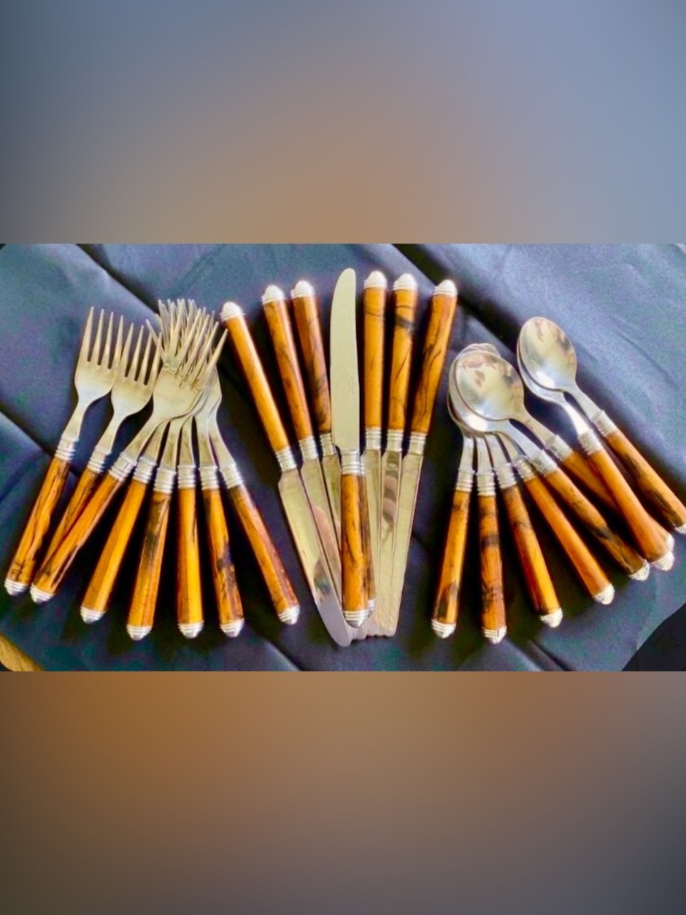 Tortoiseshell-Style Flatware Set - Orange & Black Handles serving for 8.